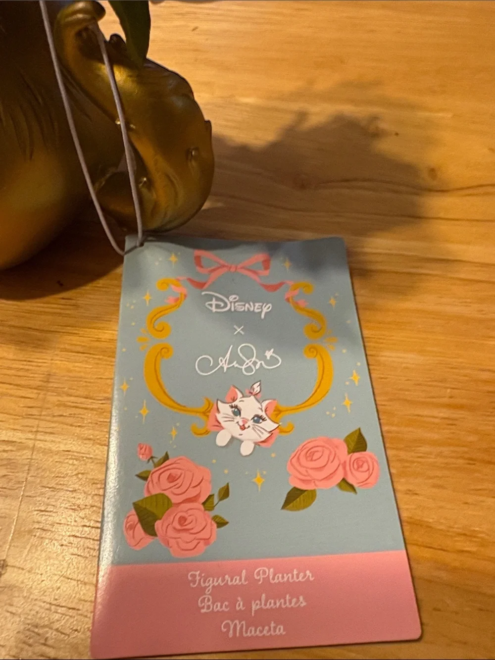 Disney Gold Marie Figurine Planter with Pink Faux Peony